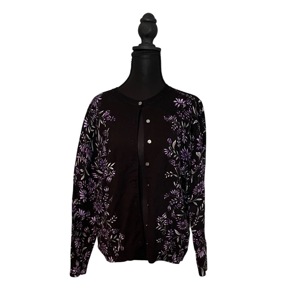 Black Floral Cardigan Lavender Purple Flower Print Long Sleeve Button Up Women M